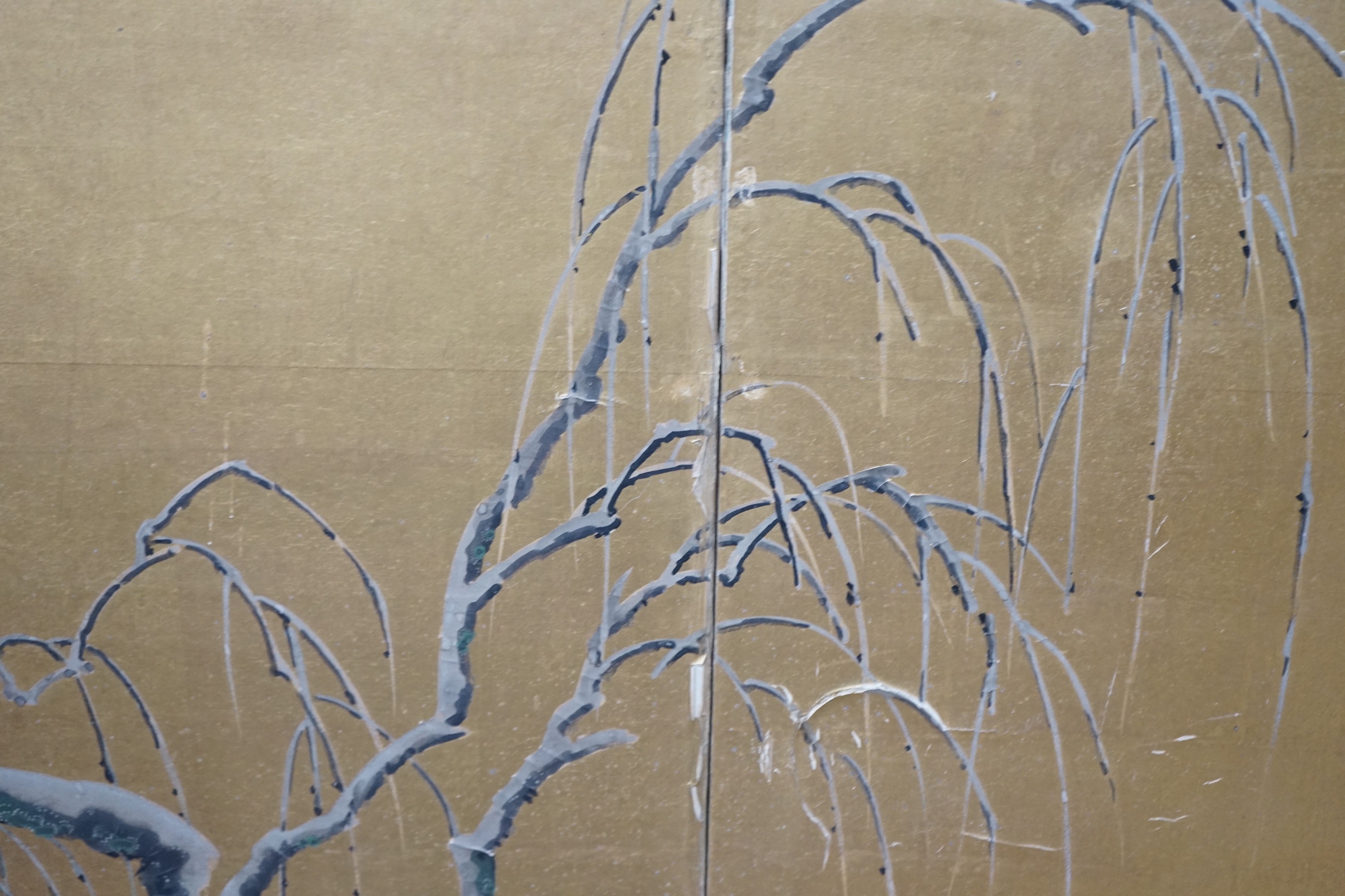 A Japanese four fold screen painted with a Crane above a Prunus tree now fixed as a wall panel, 184cms x 125cms.